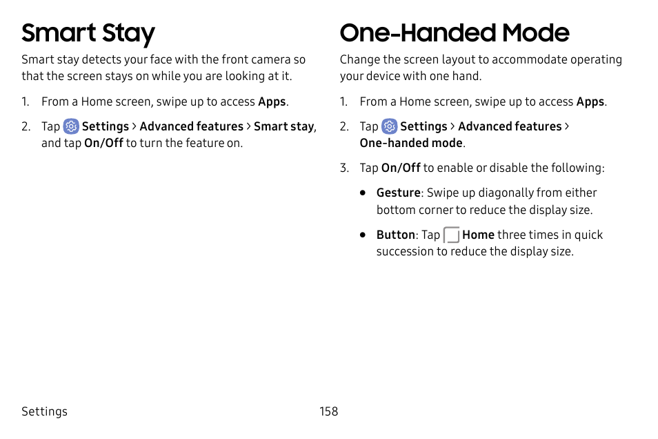 Smart stay, One-handed mode | Samsung Galaxy S8 User Manual | Page 165 / 213