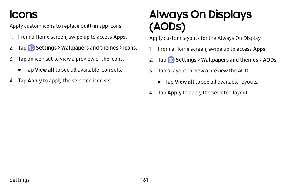 Icons, Always on displays (aods) | Samsung Galaxy S8 User Manual | Page 168 / 213