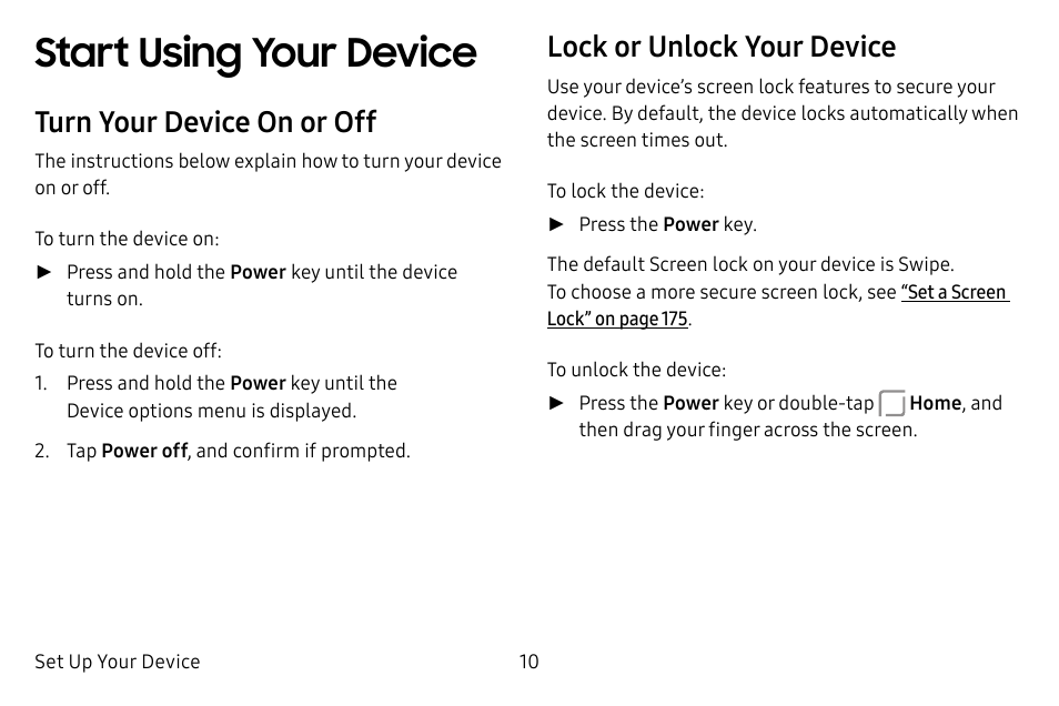 Start using your device, Turn your device on or off, Lock or unlock your device | Samsung Galaxy S8 User Manual | Page 17 / 213