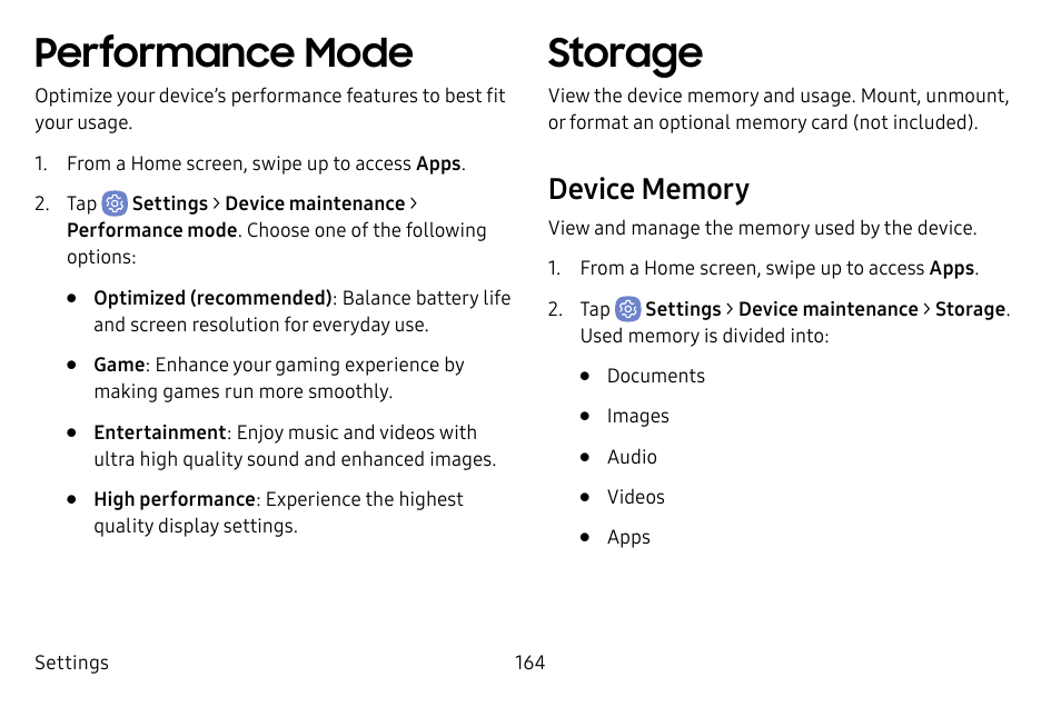 Performance mode, Storage | Samsung Galaxy S8 User Manual | Page 171 / 213