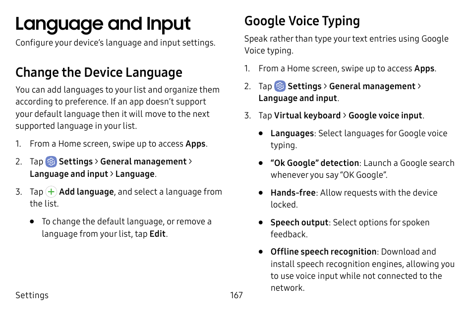 Language and input, Change the device language, Google voice typing | Samsung Galaxy S8 User Manual | Page 174 / 213