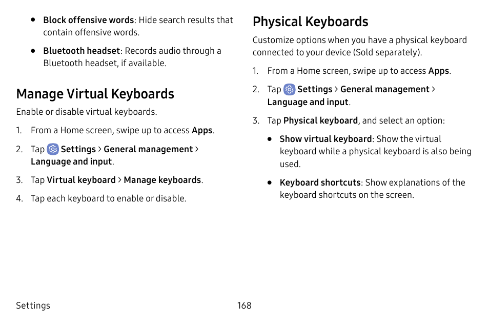 Manage virtual keyboards, Physical keyboards | Samsung Galaxy S8 User Manual | Page 175 / 213