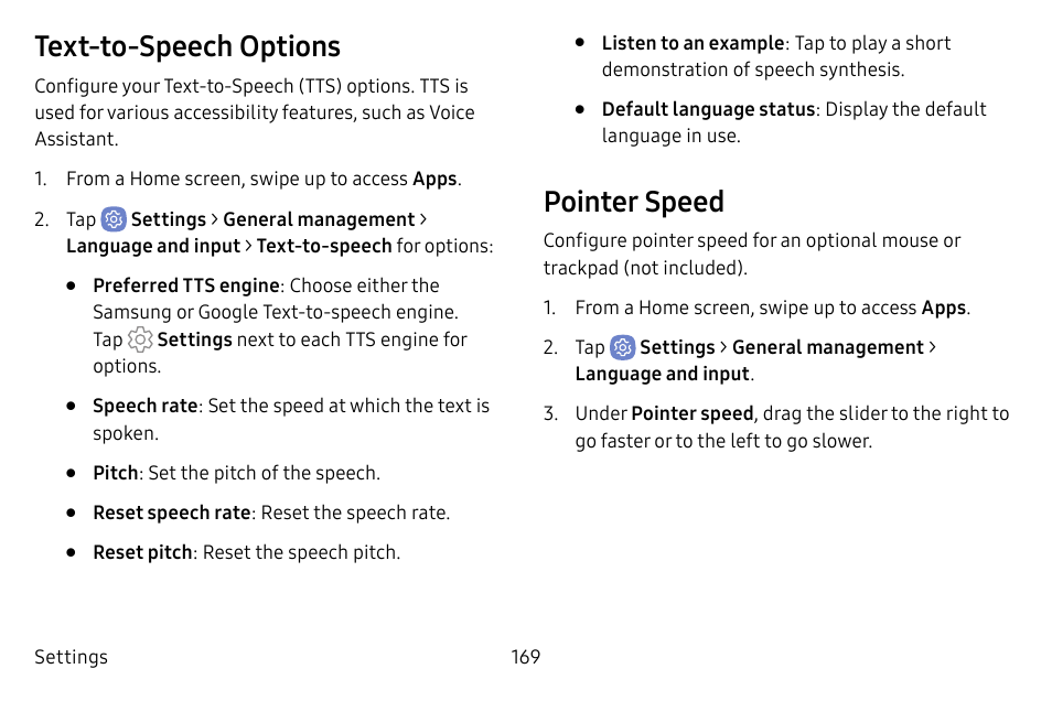 Text‑to‑speech options, Pointer speed | Samsung Galaxy S8 User Manual | Page 176 / 213