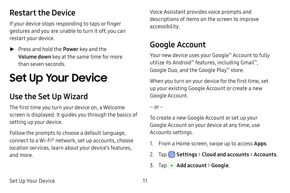 Set up your device, Restart the device, Use the set up wizard | Google account | Samsung Galaxy S8 User Manual | Page 18 / 213