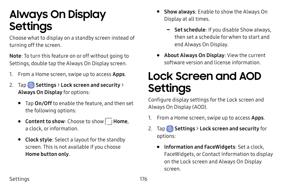 Always on display settings, Lock screen and aod settings | Samsung Galaxy S8 User Manual | Page 183 / 213