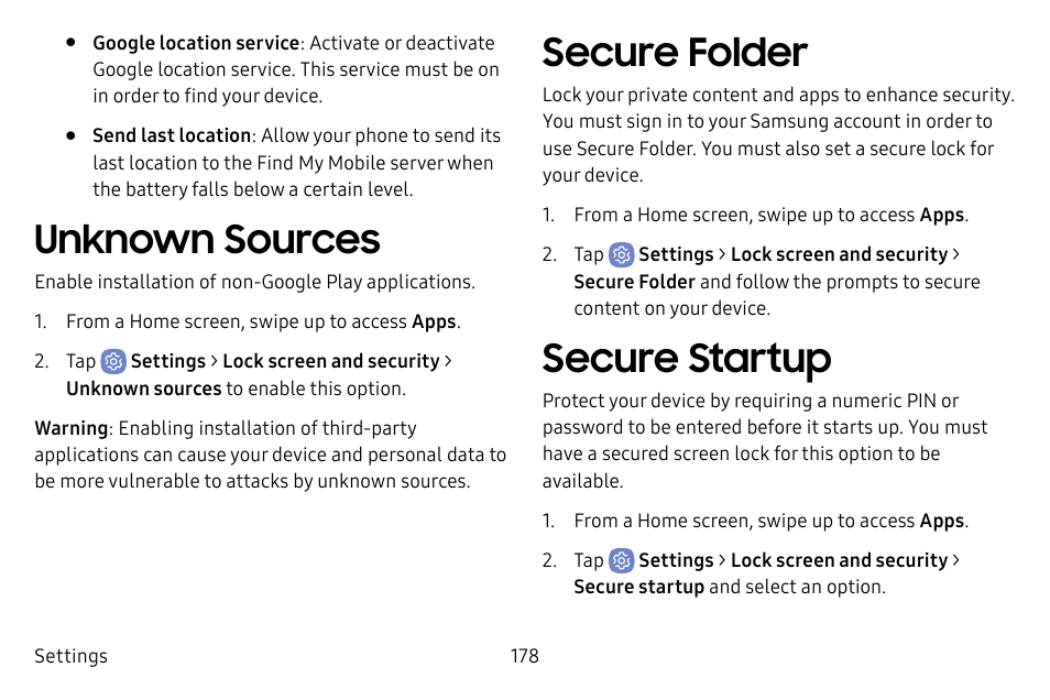 Unknown sources, Secure folder, Secure startup | Samsung Galaxy S8 User Manual | Page 185 / 213