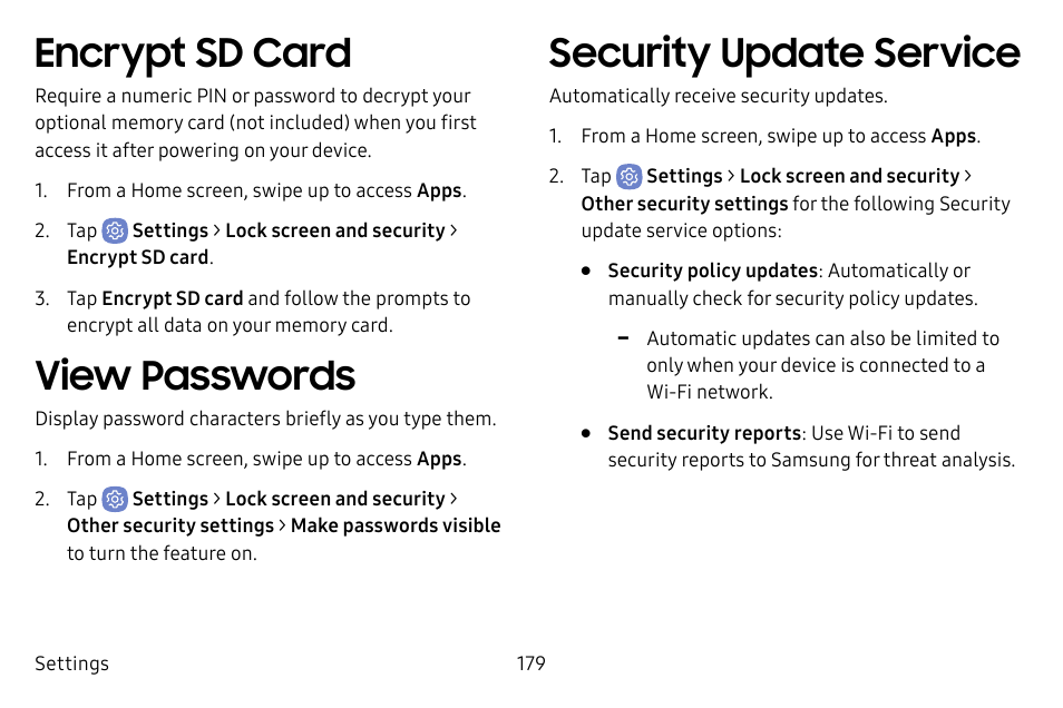 Encrypt sd card, View passwords, Security update service | Samsung Galaxy S8 User Manual | Page 186 / 213