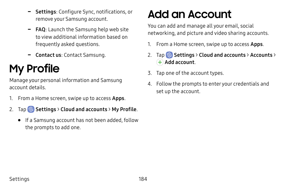 My profile, Add an account | Samsung Galaxy S8 User Manual | Page 191 / 213