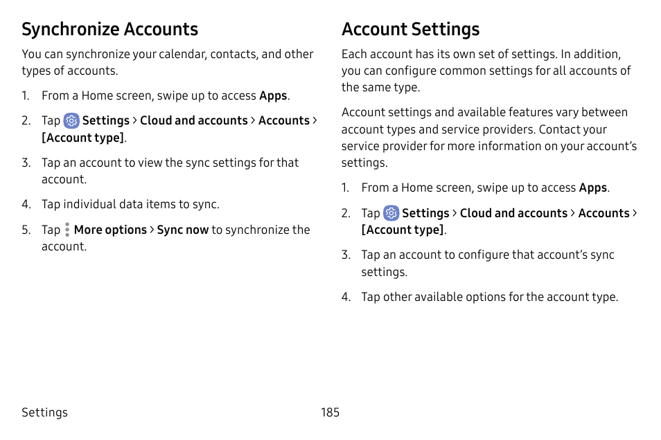 Synchronize accounts, Account settings | Samsung Galaxy S8 User Manual | Page 192 / 213