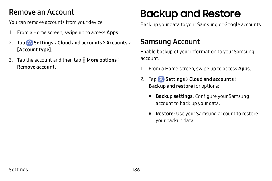 Backup and restore, Remove an account, Samsung account | Samsung Galaxy S8 User Manual | Page 193 / 213