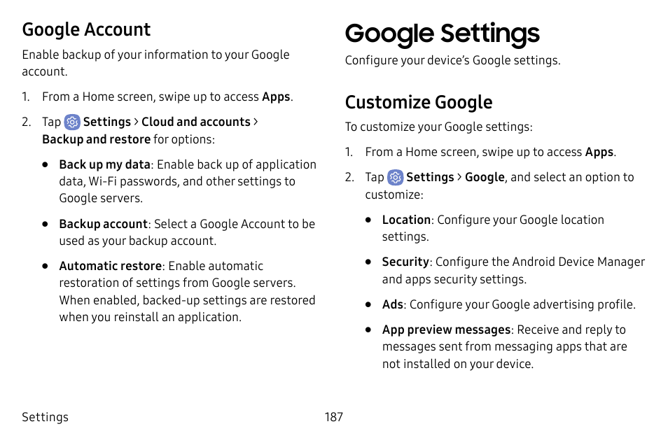 Google settings, Google account, Customize google | Samsung Galaxy S8 User Manual | Page 194 / 213