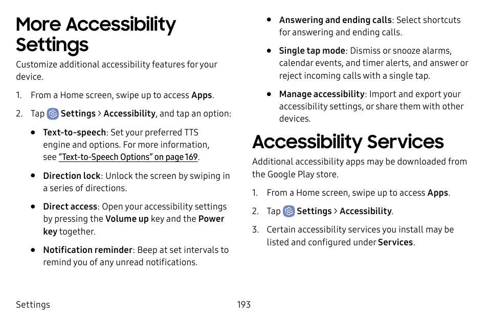 More accessibility settings, Accessibility services | Samsung Galaxy S8 User Manual | Page 200 / 213