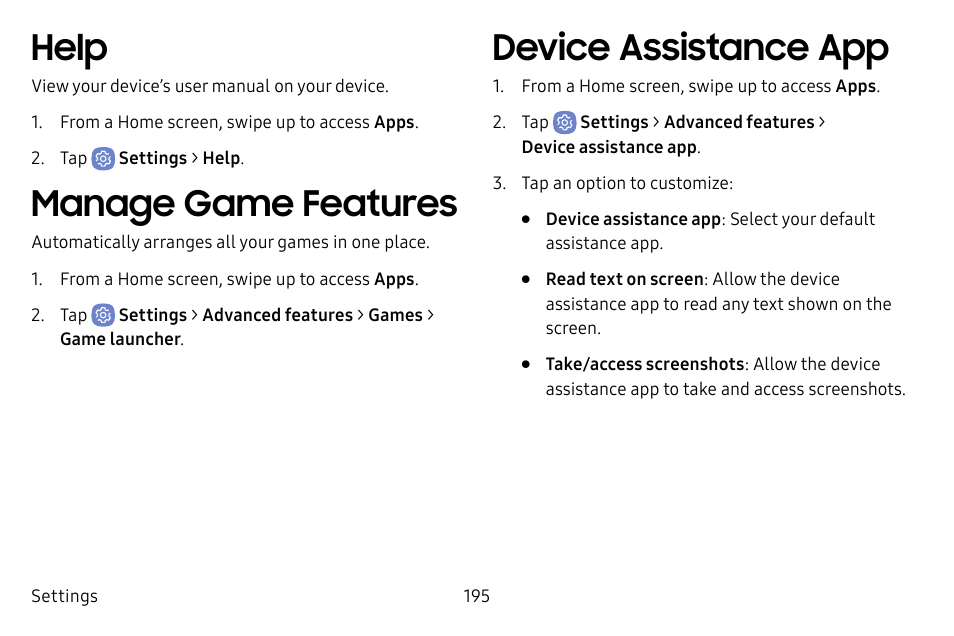 Help, Device assistance app, Manage game features | Samsung Galaxy S8 User Manual | Page 202 / 213