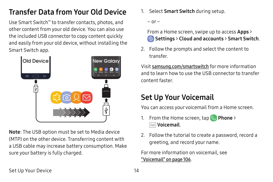 Transfer data from your old device, Set up your voicemail | Samsung Galaxy S8 User Manual | Page 21 / 213