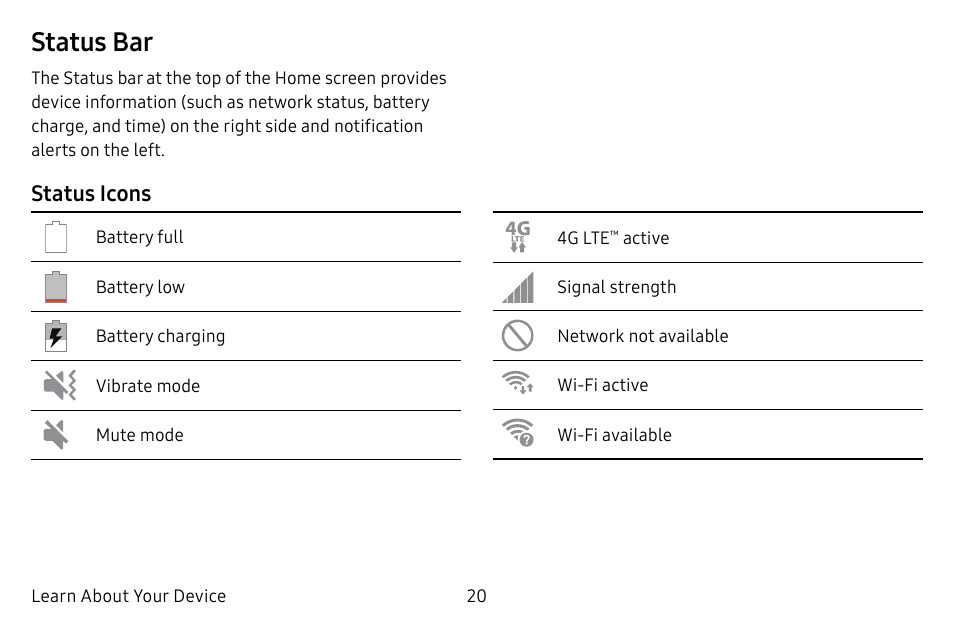 Status bar, Status icons | Samsung Galaxy S8 User Manual | Page 27 / 213