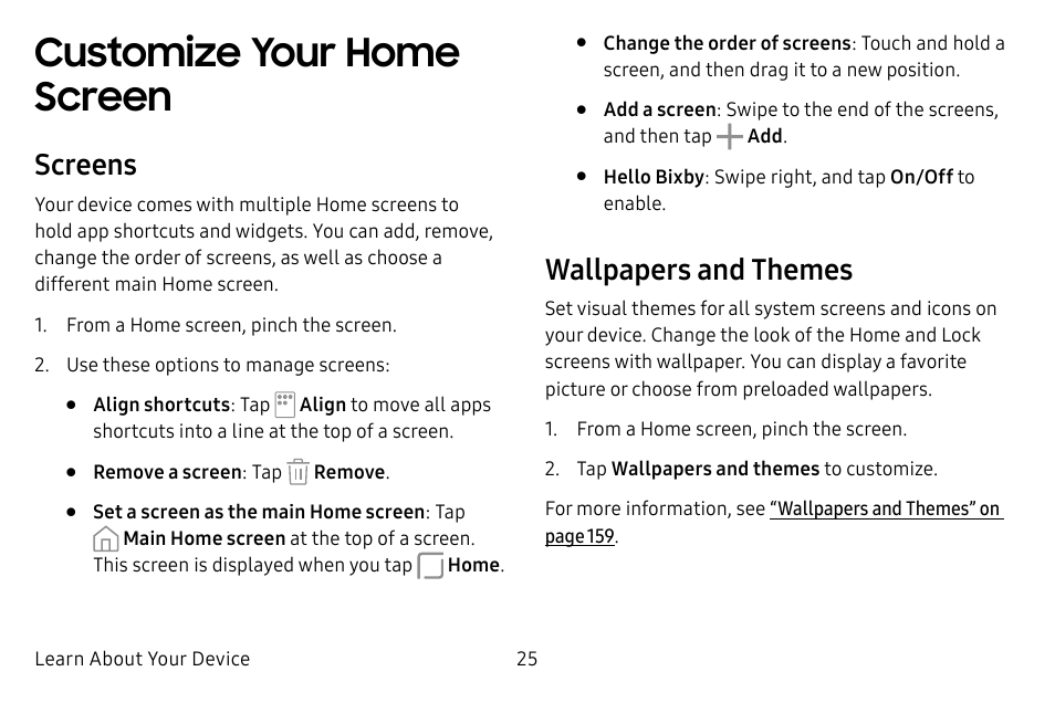 Customize your home screen, Screens, Wallpapers and themes | Samsung Galaxy S8 User Manual | Page 32 / 213