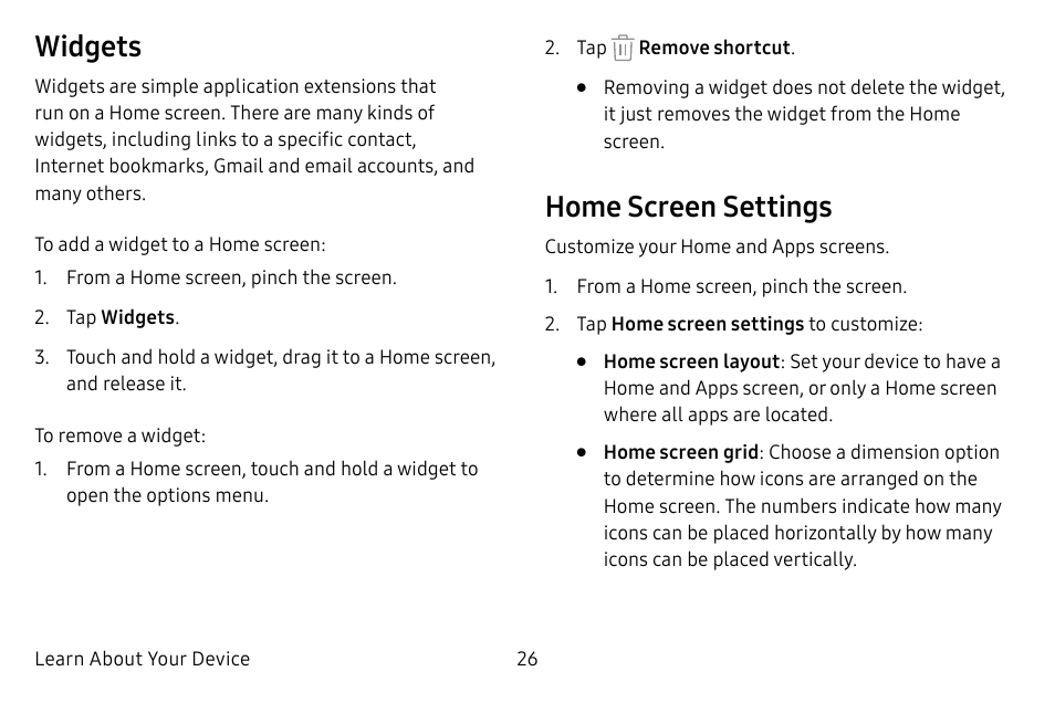 Widgets, Home screen settings | Samsung Galaxy S8 User Manual | Page 33 / 213