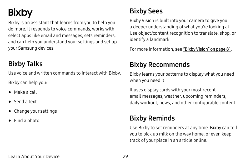 Bixby, Bixby talks, Bixby sees | Bixby recommends, Bixby reminds | Samsung Galaxy S8 User Manual | Page 36 / 213