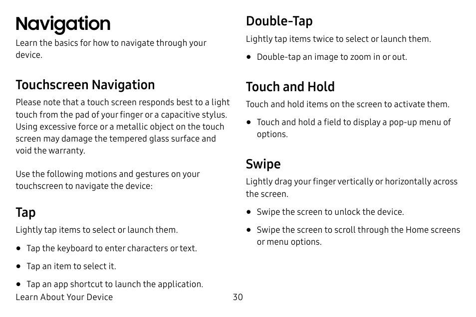 Navigation, Touchscreen navigation, Double-tap | Touch and hold, Swipe | Samsung Galaxy S8 User Manual | Page 37 / 213