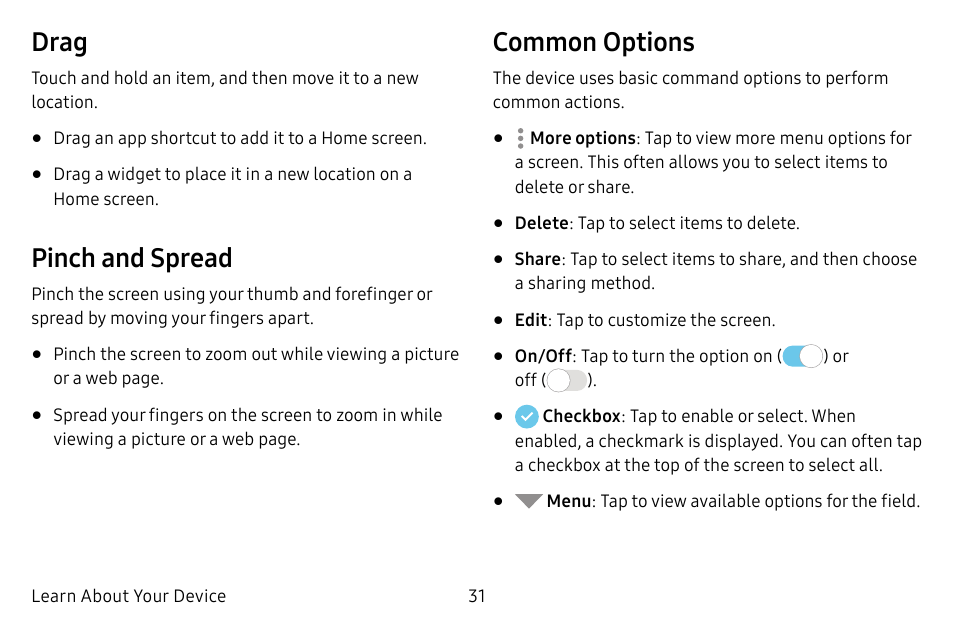 Drag, Pinch and spread, Common options | Samsung Galaxy S8 User Manual | Page 38 / 213