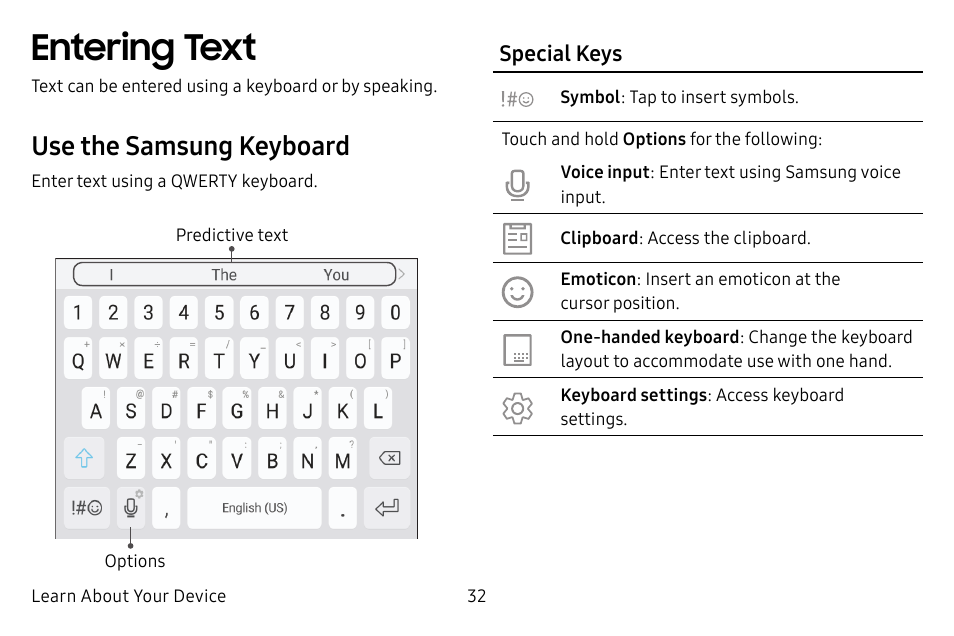 Entering text, Use the samsung keyboard | Samsung Galaxy S8 User Manual | Page 39 / 213