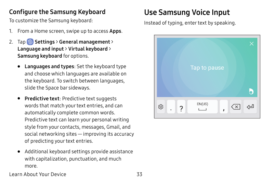 Use samsung voice input | Samsung Galaxy S8 User Manual | Page 40 / 213