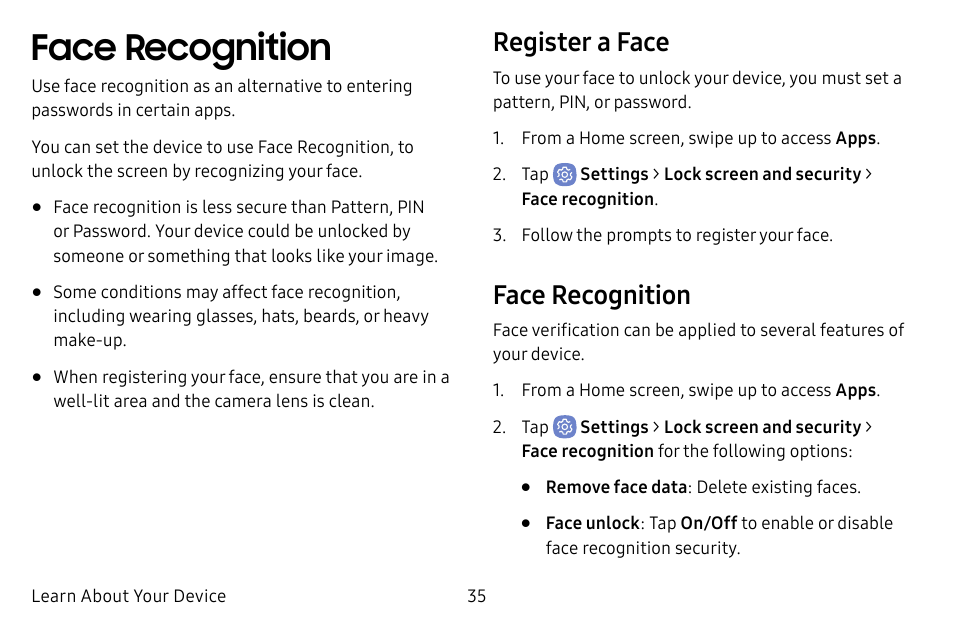 Face recognition, Register a face | Samsung Galaxy S8 User Manual | Page 42 / 213