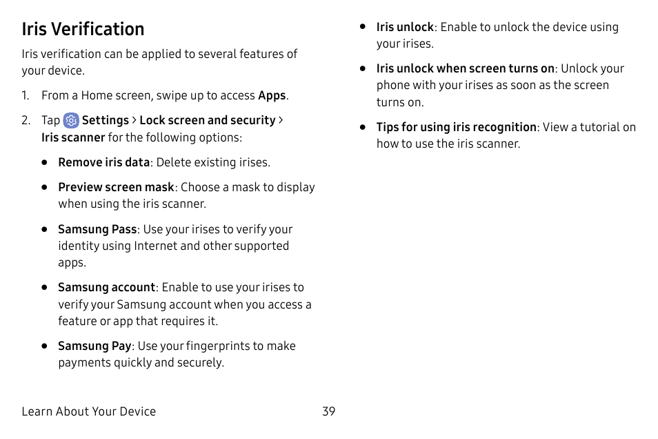 Iris verification | Samsung Galaxy S8 User Manual | Page 46 / 213