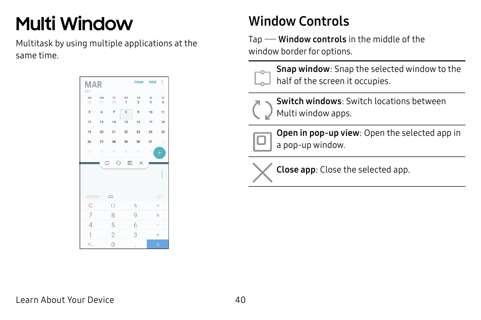 Multi window, Window controls | Samsung Galaxy S8 User Manual | Page 47 / 213