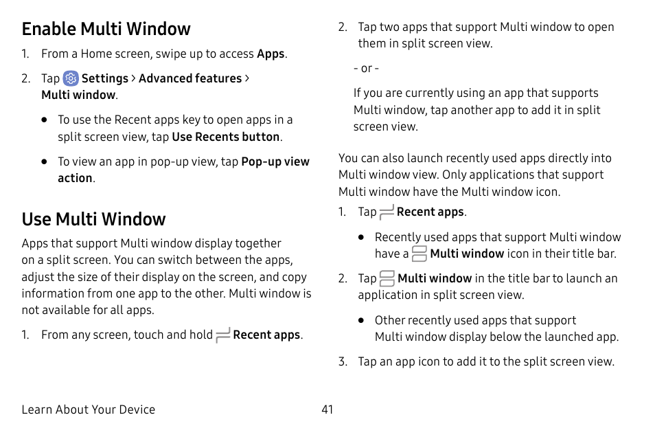 Enable multi window, Use multi window | Samsung Galaxy S8 User Manual | Page 48 / 213