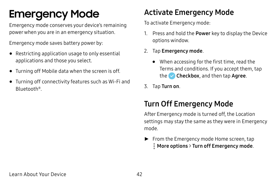 Emergency mode, Activate emergency mode, Turn off emergency mode | Samsung Galaxy S8 User Manual | Page 49 / 213