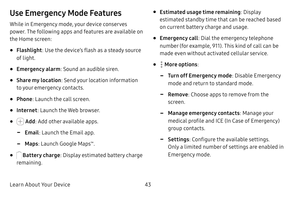 Use emergency mode features | Samsung Galaxy S8 User Manual | Page 50 / 213