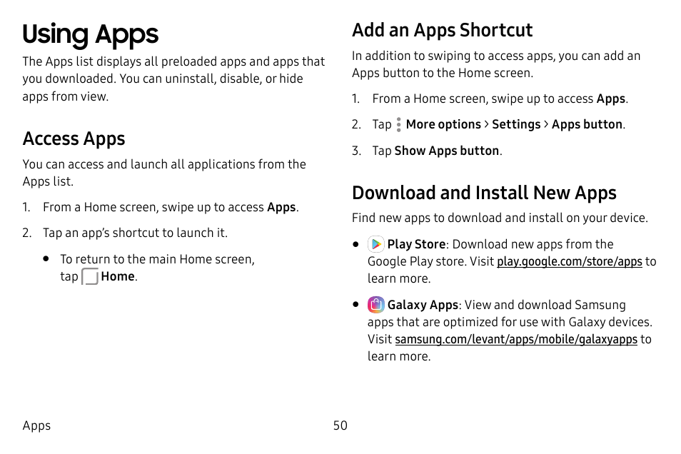 Using apps, Access apps, Add an apps shortcut | Download and install new apps | Samsung Galaxy S8 User Manual | Page 57 / 213