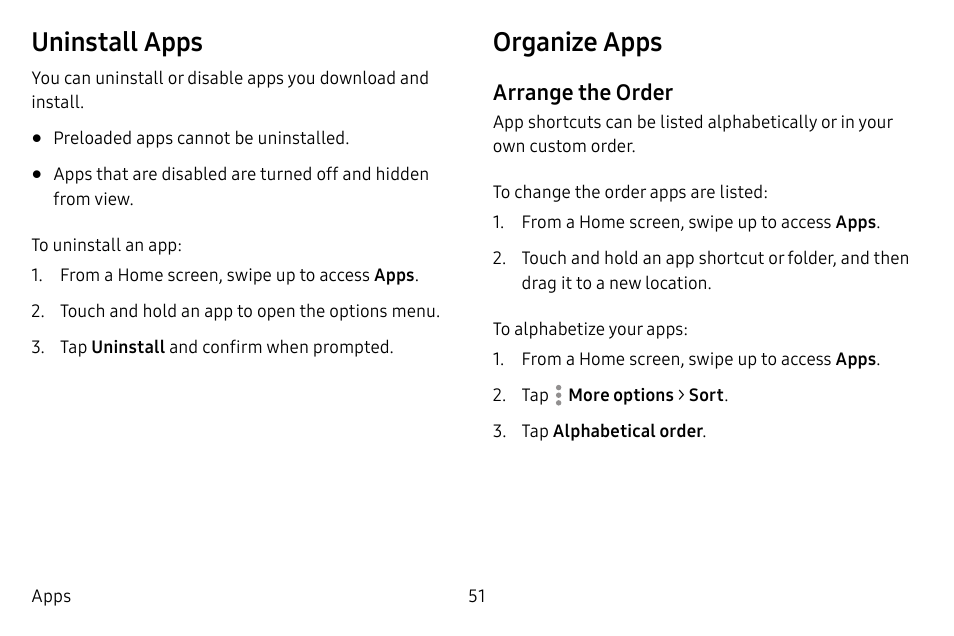 Uninstall apps, Organize apps | Samsung Galaxy S8 User Manual | Page 58 / 213