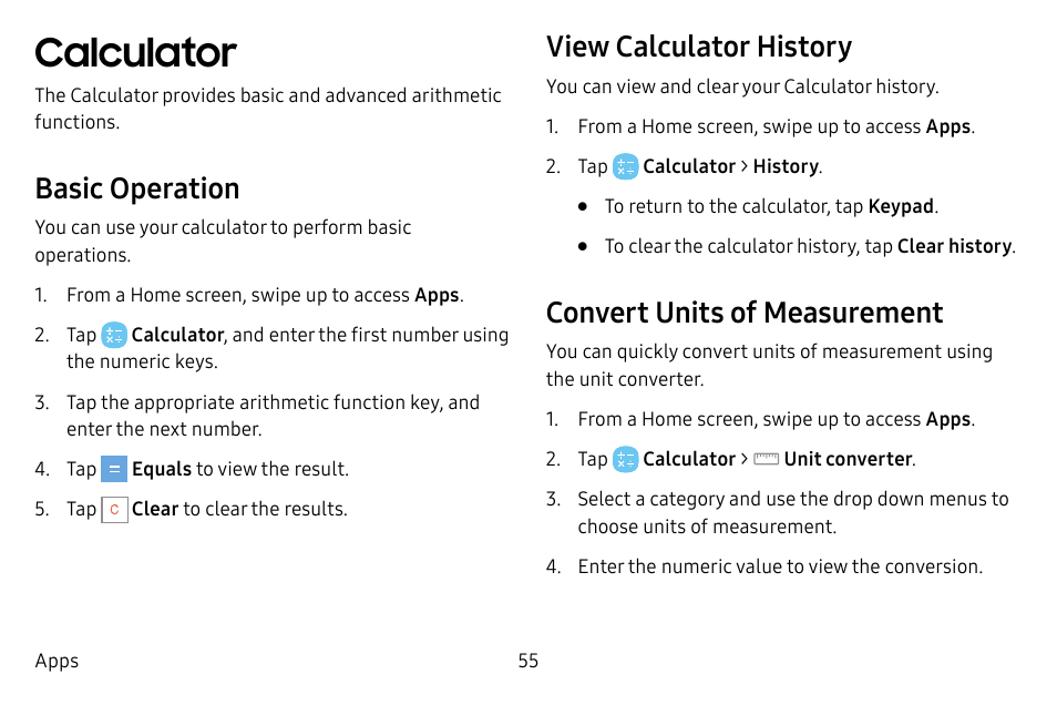 Calculator, Basic operation, View calculator history | Convert units of measurement | Samsung Galaxy S8 User Manual | Page 62 / 213