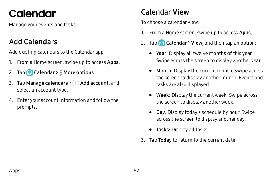 Calendar, Add calendars, Calendar view | Samsung Galaxy S8 User Manual | Page 64 / 213