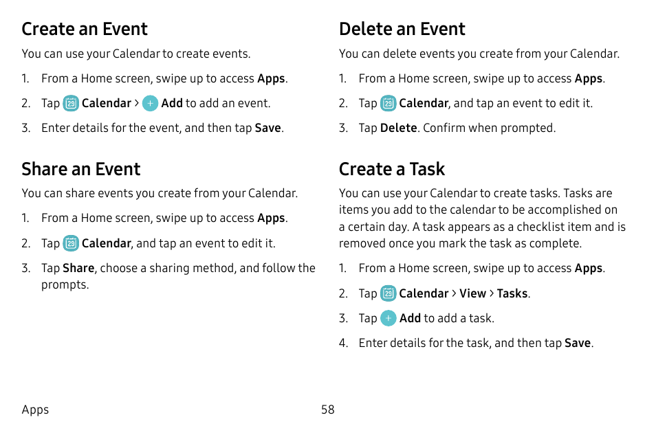 Create an event, Share an event, Delete an event | Create a task | Samsung Galaxy S8 User Manual | Page 65 / 213