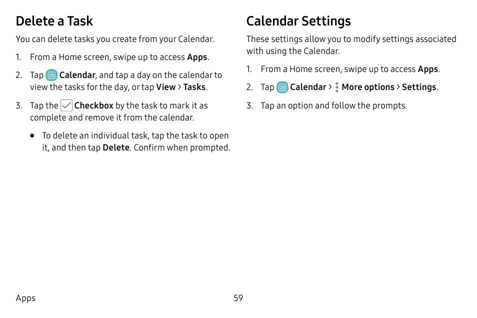 Delete a task, Calendar settings | Samsung Galaxy S8 User Manual | Page 66 / 213