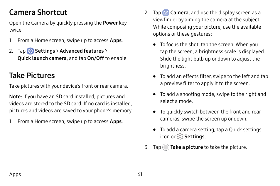 Camera shortcut, Take pictures | Samsung Galaxy S8 User Manual | Page 68 / 213