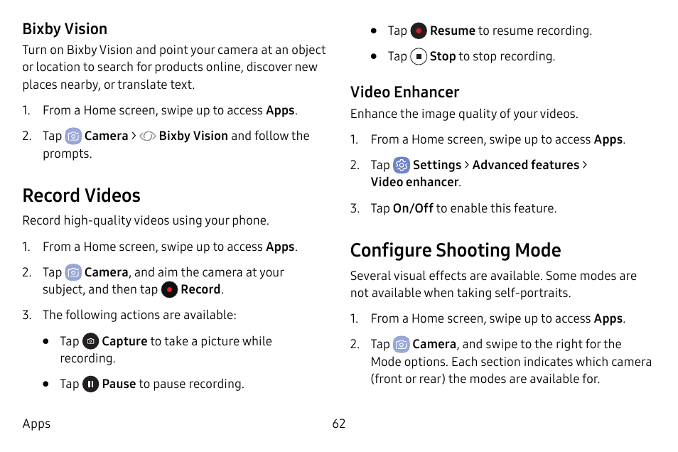 Record videos, Configure shooting mode | Samsung Galaxy S8 User Manual | Page 69 / 213