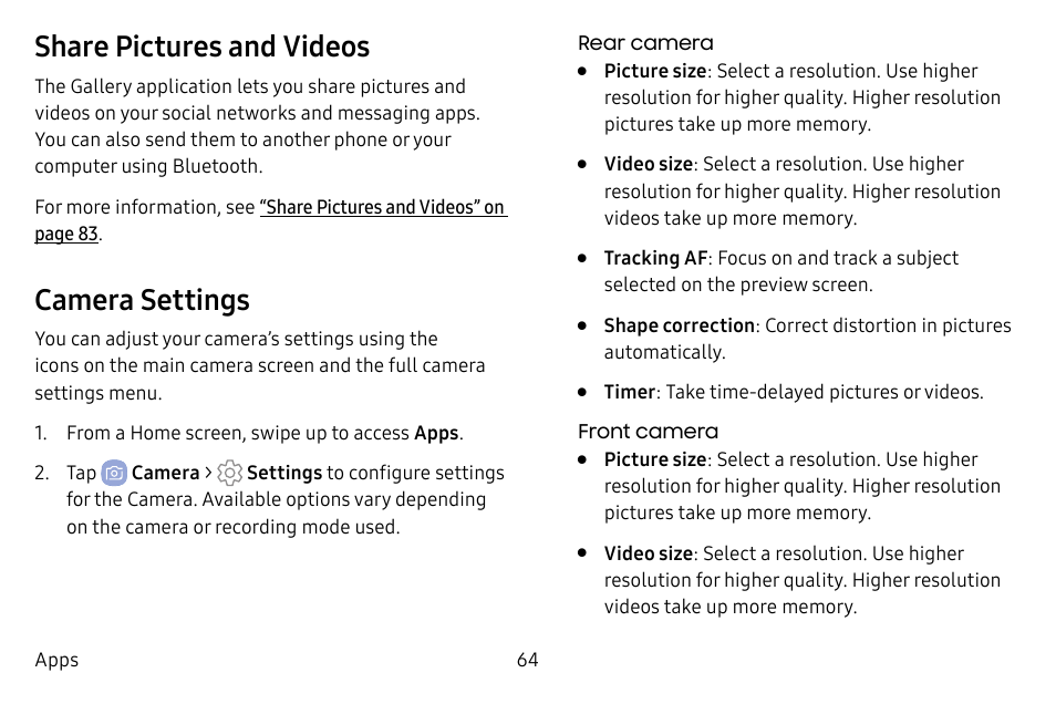 Share pictures and videos, Camera settings | Samsung Galaxy S8 User Manual | Page 71 / 213