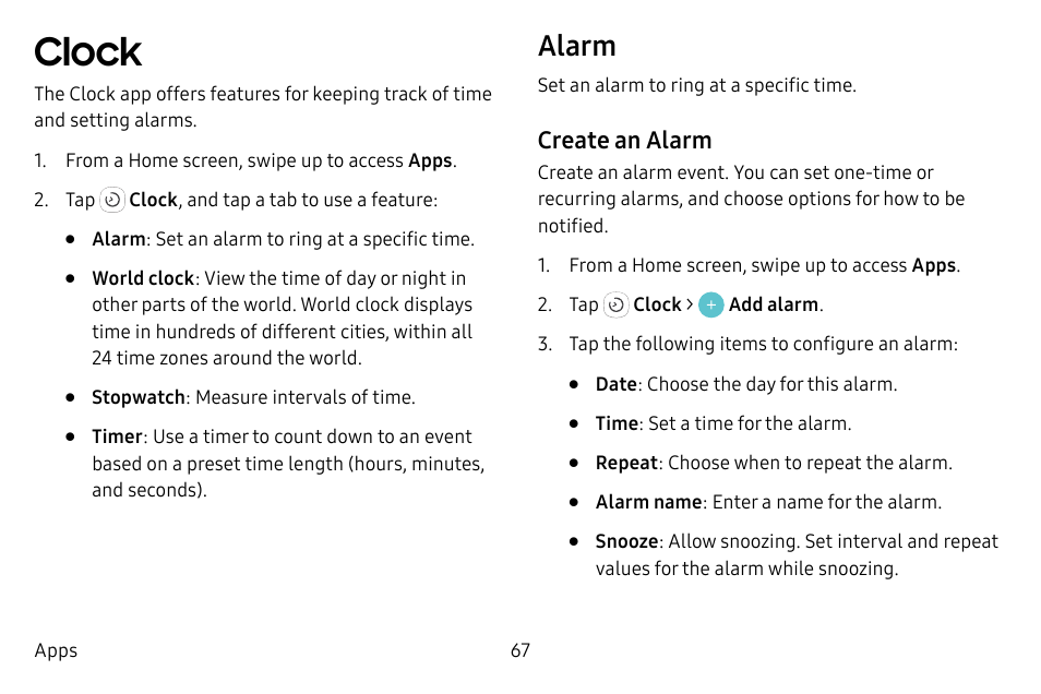 Clock, Alarm | Samsung Galaxy S8 User Manual | Page 74 / 213