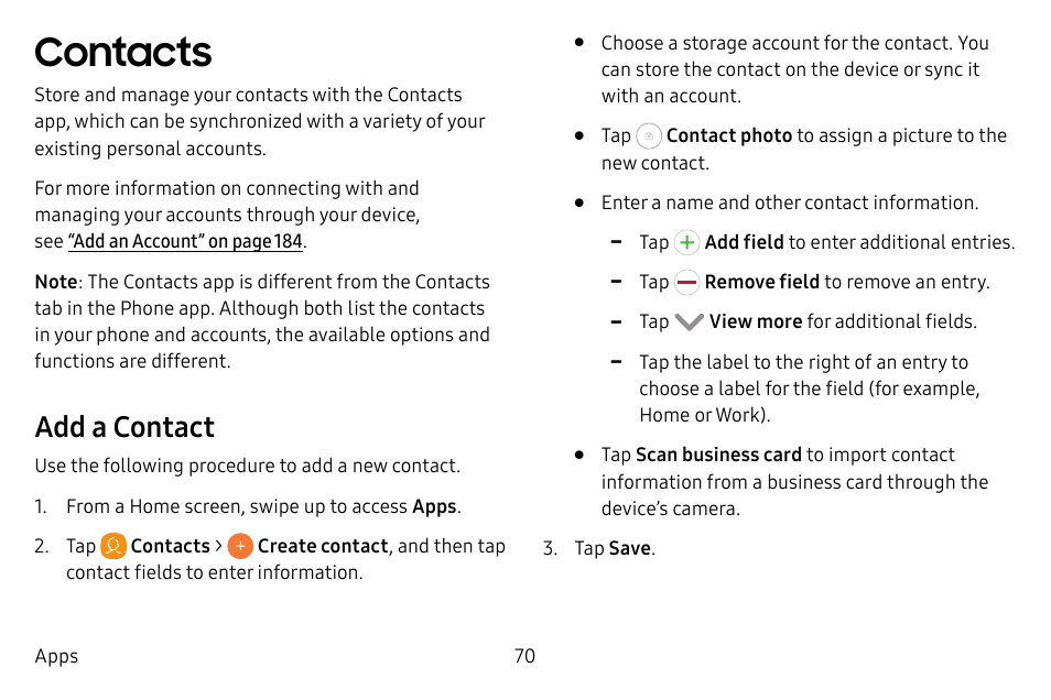 Contacts, Add a contact | Samsung Galaxy S8 User Manual | Page 77 / 213