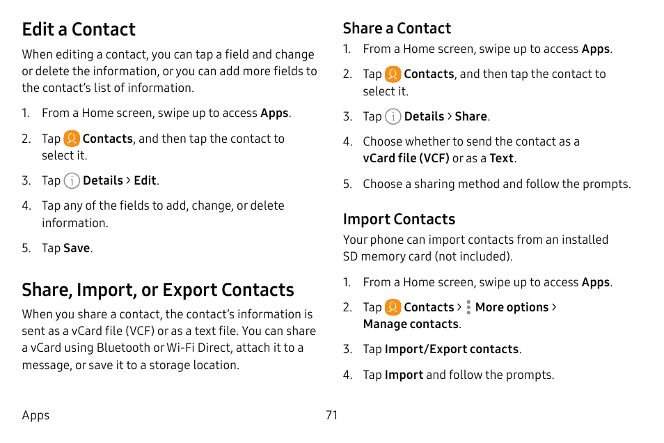 Edit a contact, Share, import, or export contacts, Share a contact | Import contacts | Samsung Galaxy S8 User Manual | Page 78 / 213