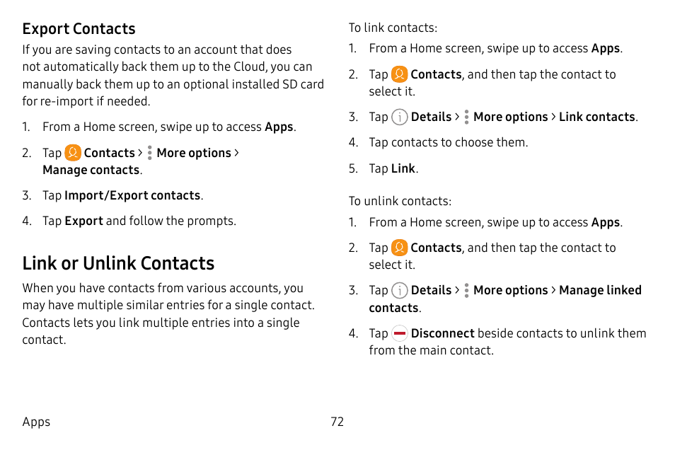 Link or unlink contacts, Export contacts | Samsung Galaxy S8 User Manual | Page 79 / 213