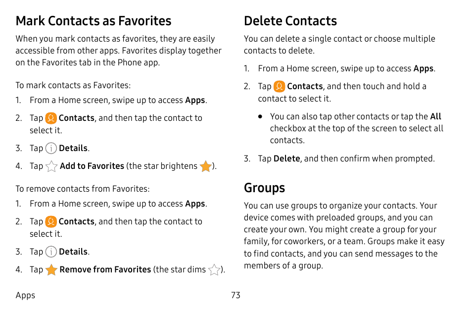 Mark contacts as favorites, Delete contacts, Groups | Samsung Galaxy S8 User Manual | Page 80 / 213