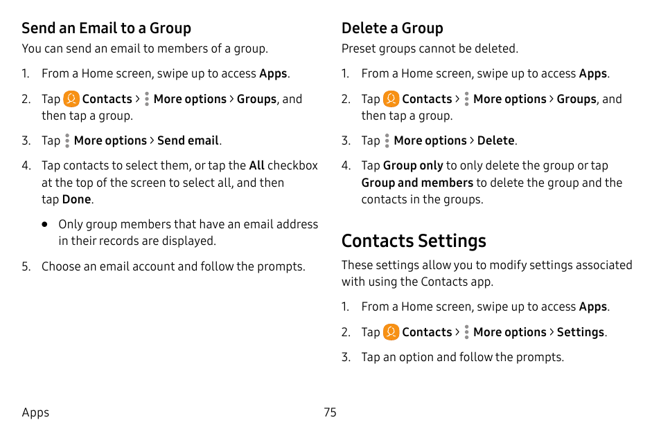 Contacts settings, Send an email to a group, Delete a group | Samsung Galaxy S8 User Manual | Page 82 / 213