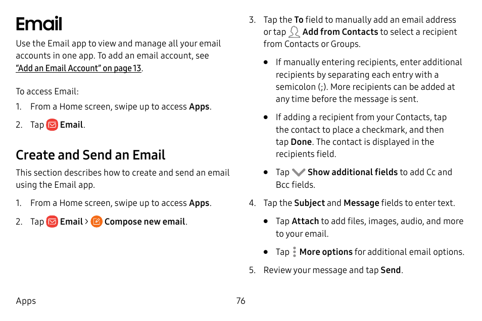 Email, Create and send an email | Samsung Galaxy S8 User Manual | Page 83 / 213