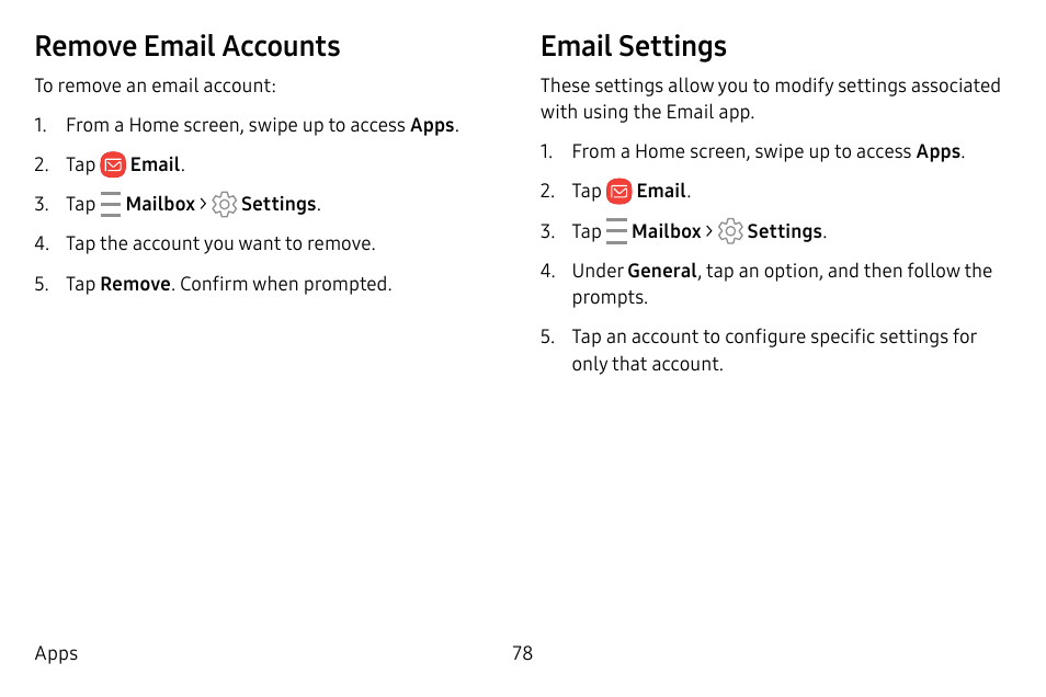 Remove email accounts, Email settings | Samsung Galaxy S8 User Manual | Page 85 / 213