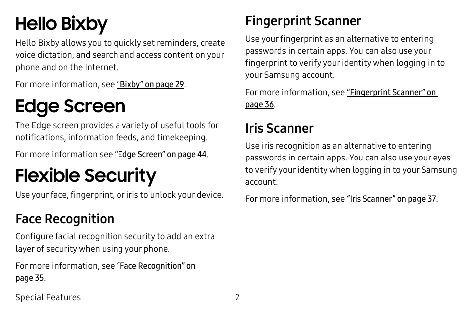 Hello bixby, Edge screen, Flexible security | Face recognition, Fingerprint scanner, Iris scanner | Samsung Galaxy S8 User Manual | Page 9 / 213